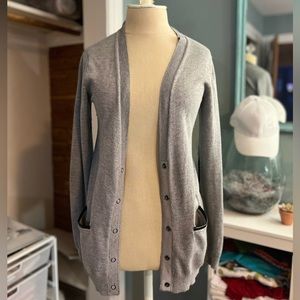 Grey Cardigan with Faux Black Leather Elbow Pads and details